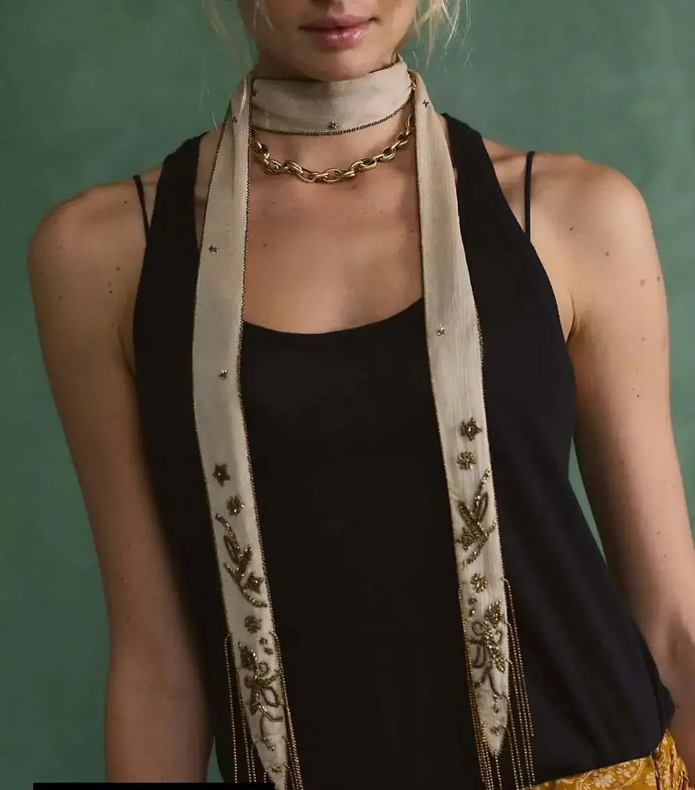 Free People Embroidered Hollis fringe scarf “beige”